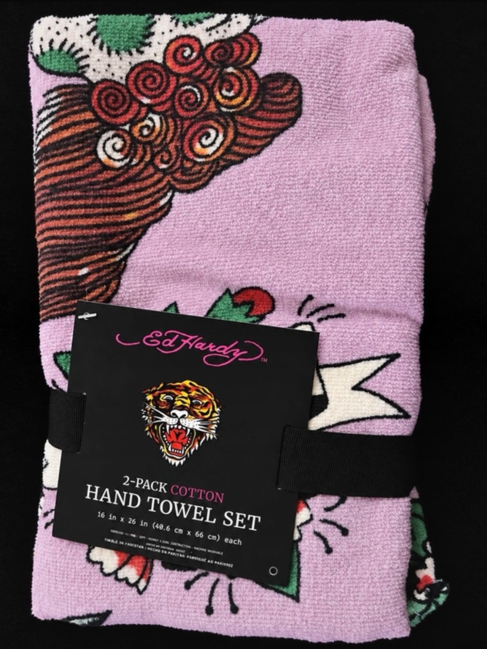 Ed Hardy Pink Tiger & Roses Cotton Hand Towel Set 2-Pack